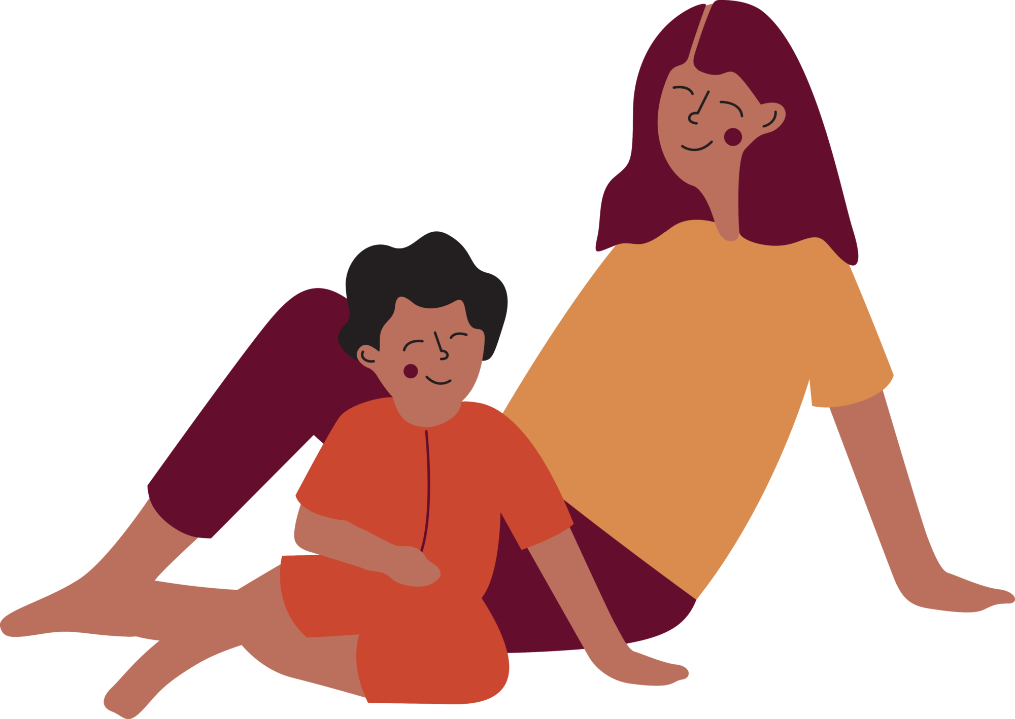 An illustration of a mother sitting on the floor alongside her child
